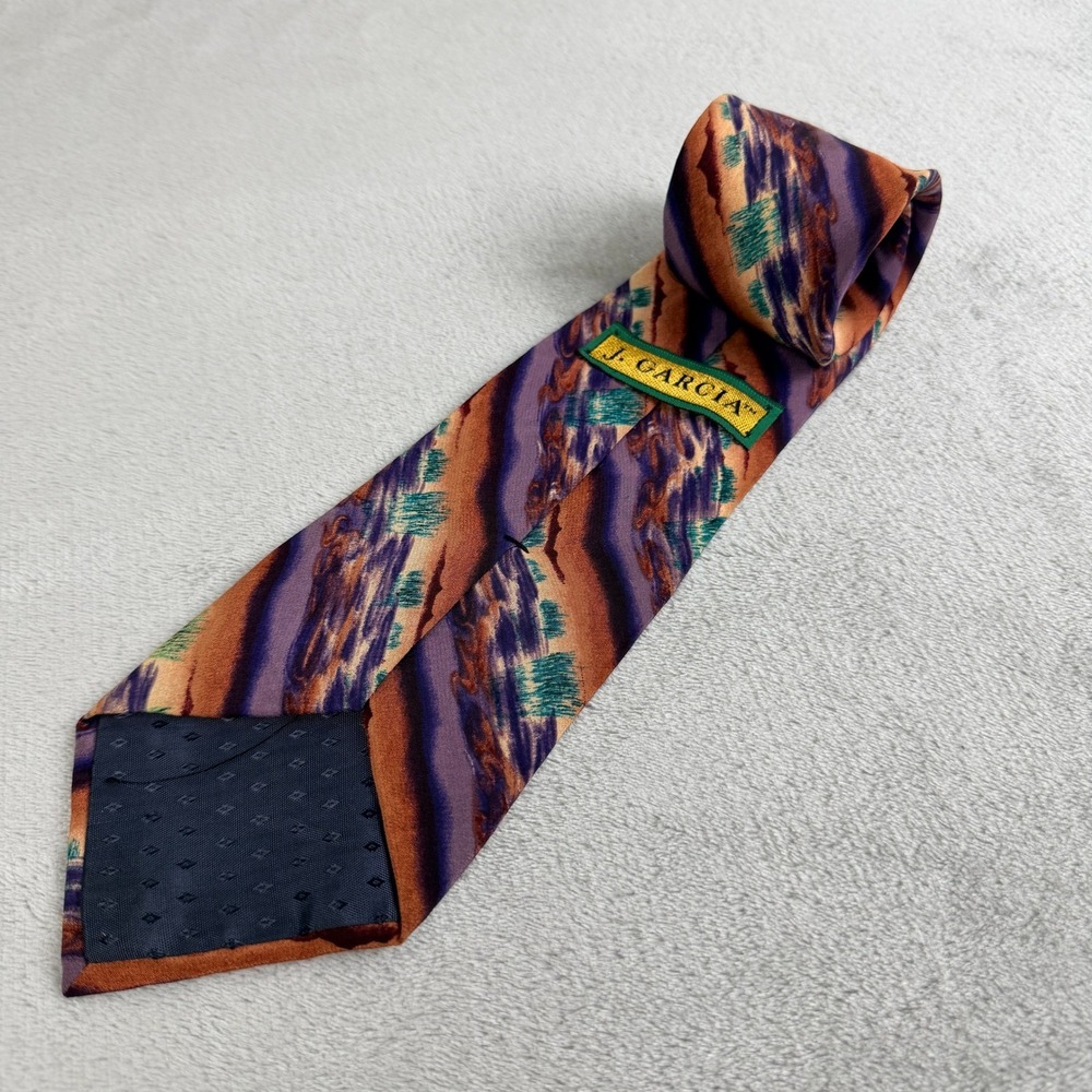 J. Garcia Mens Silk Necktie Abstract Art Purple Orange Blue‎ Made in USA